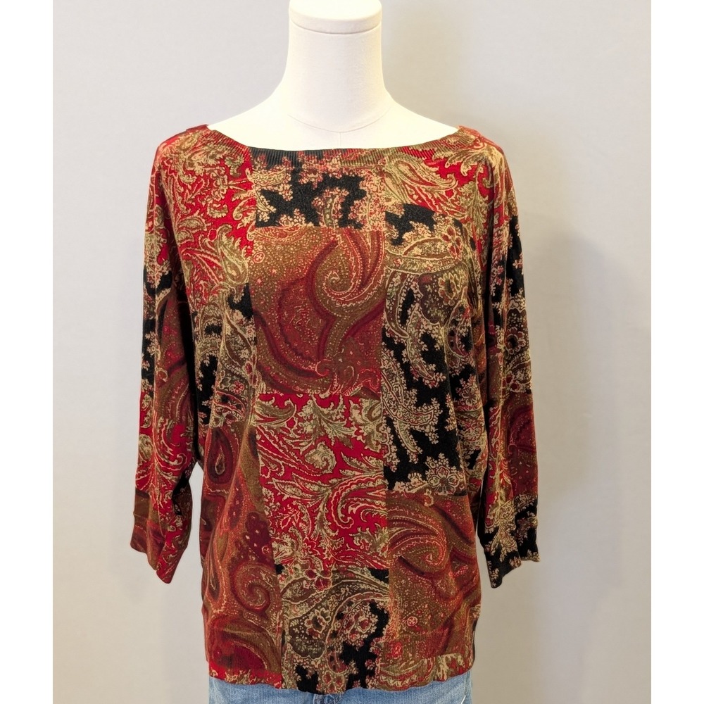 Chaps Ralph Lauren Womens Red Paisley Patchwork Knit Sweater Top Petite Large